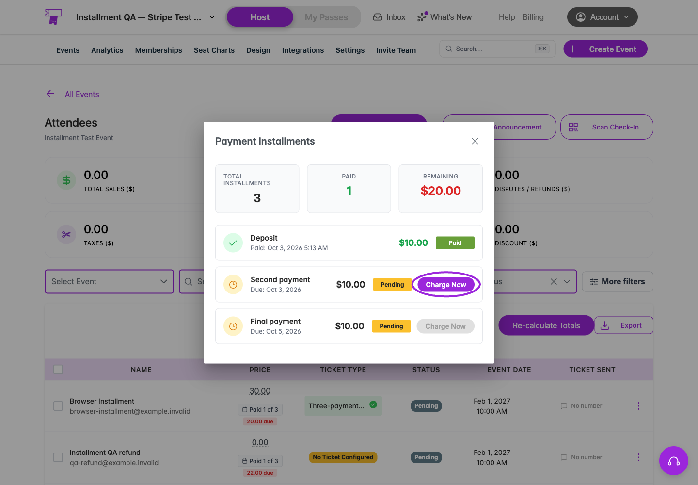 Payment Installments dialog with Charge Now circled for the due second payment