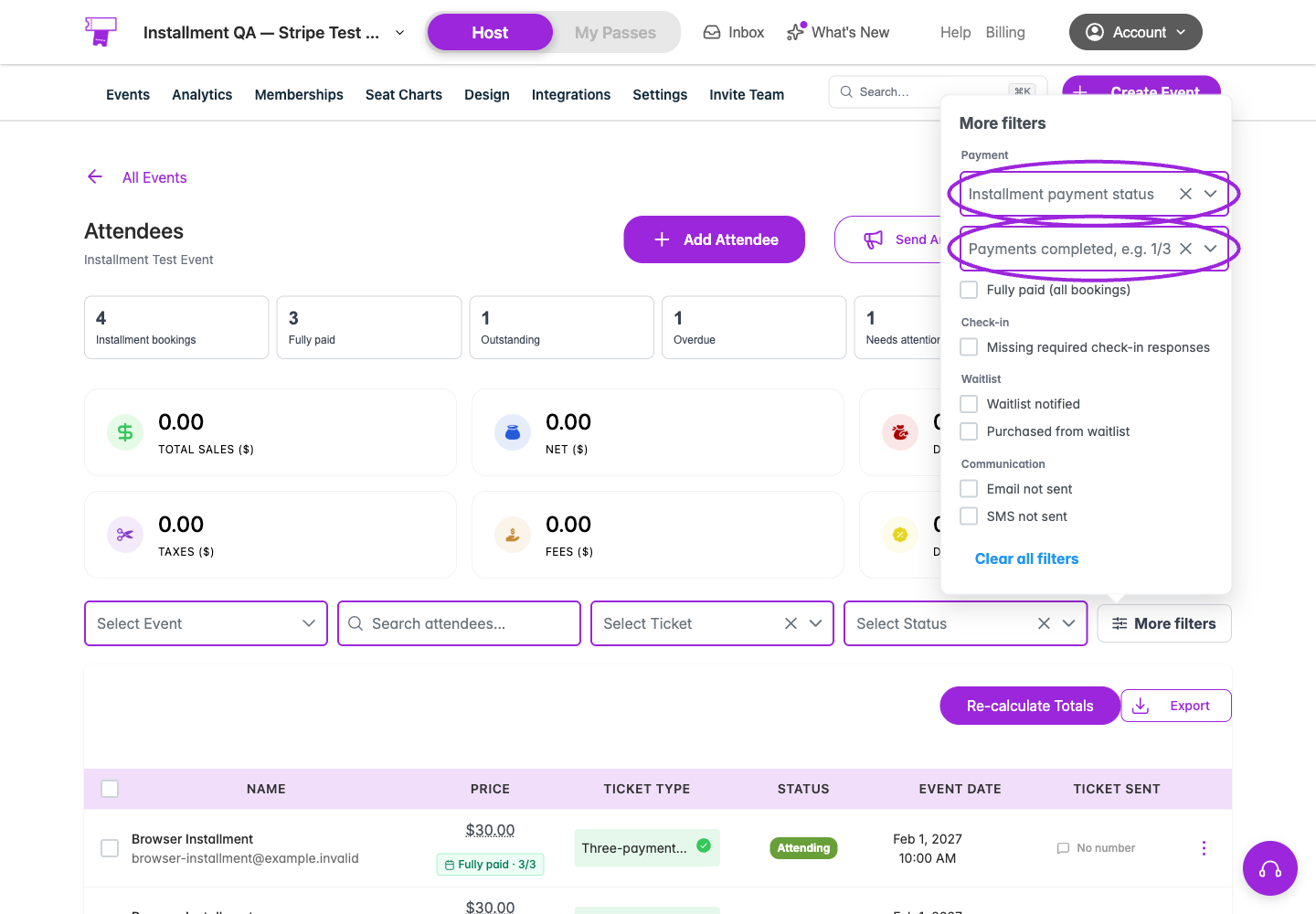 Payment status and installment progress filters circled in More filters