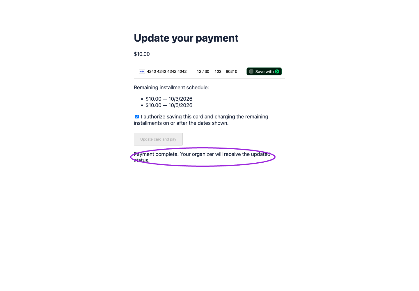 Payment complete message circled after replacement-card recovery