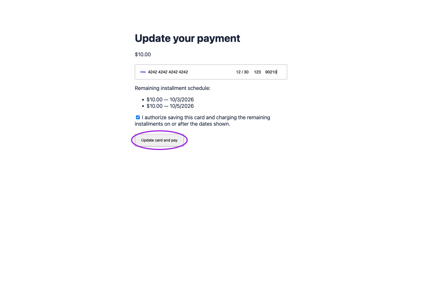 Replacement-card recovery with accepted saved-card consent and Update card and pay circled