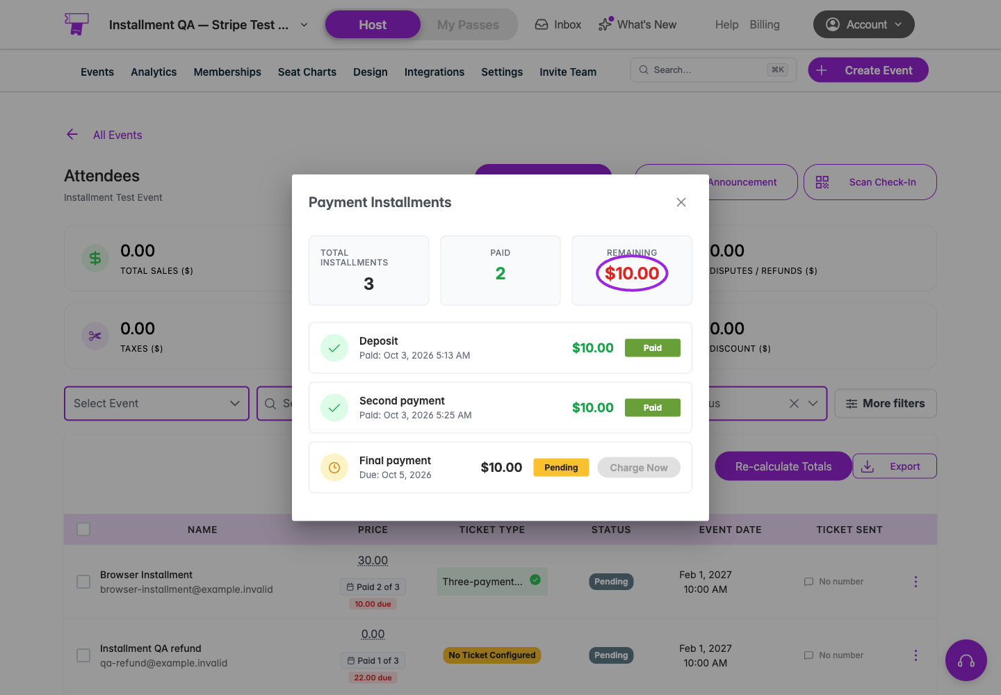 Installment record showing two paid payments and the remaining $10 circled