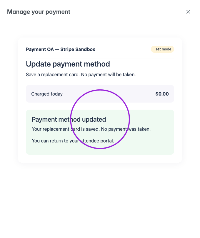 Payment method updated with the confirmation circled