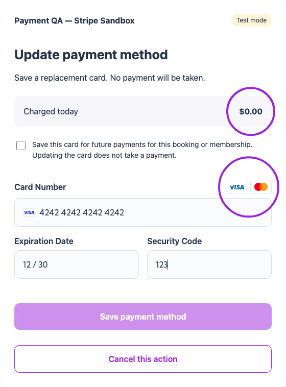 Saved-card update showing zero charged today and the save-card consent
