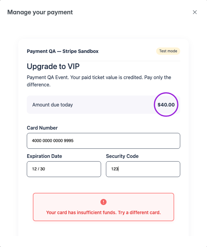 Card decline message circled in the secure checkout