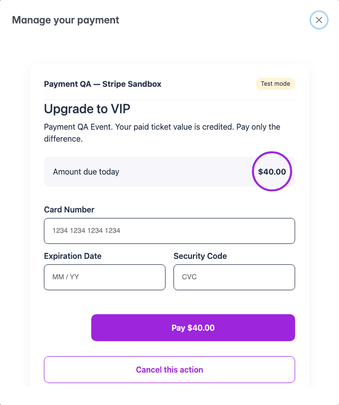 Free admission to VIP upgrade showing forty dollars due in the embedded test checkout