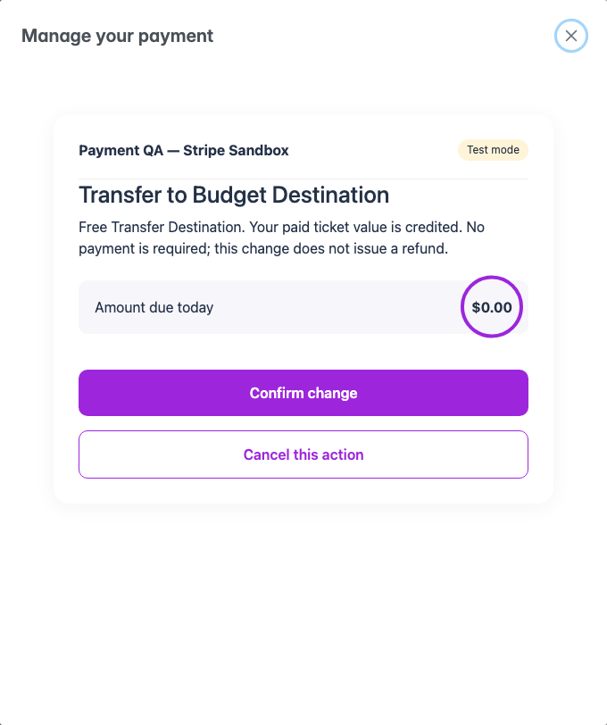 Event transfer checkout showing zero due and Confirm change