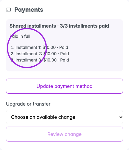 Attendee portal showing three of three installments paid and Paid in full