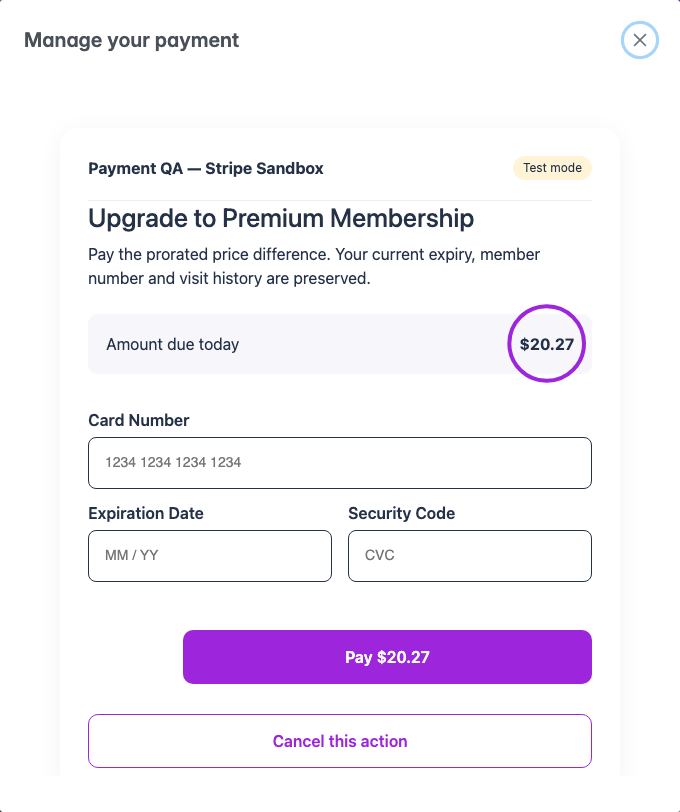 Membership upgrade checkout showing the prorated amount due