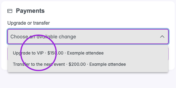 Available upgrade and transfer choices in the attendee portal dropdown with the first option circled
