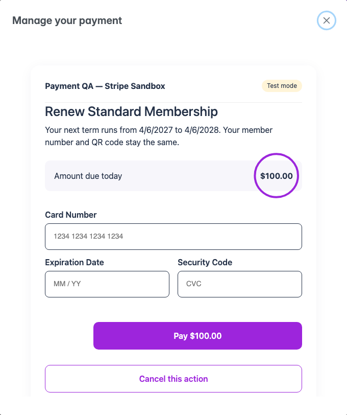 Membership renewal checkout showing its term dates and the renewal amount circled
