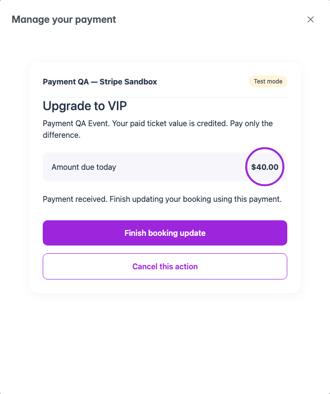 Paid booking update pending message and Finish booking update button