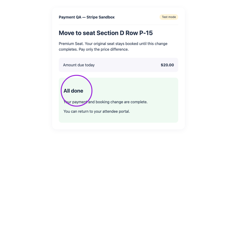 Completed seat change with its confirmation circled