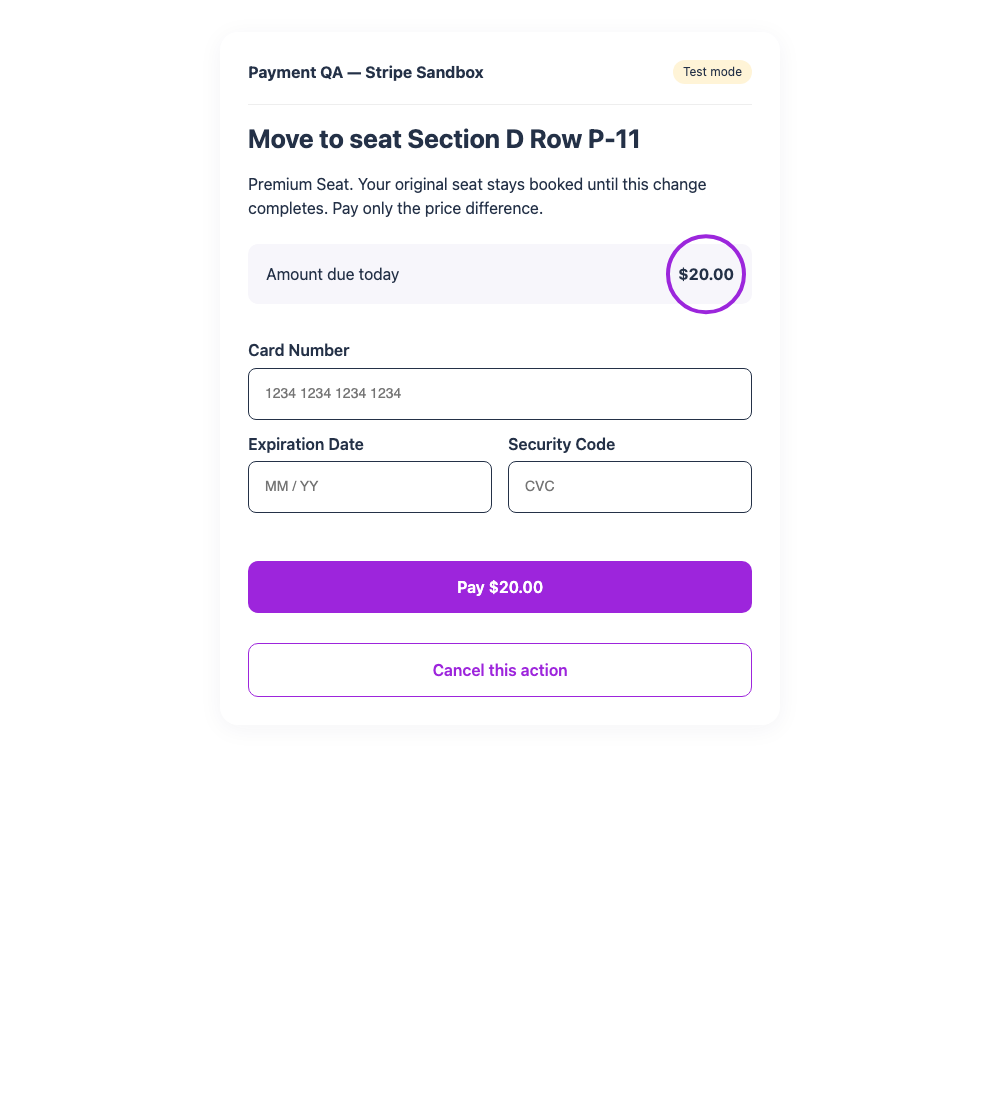 Seat move review with twenty dollars due circled in the shared Stripe test checkout