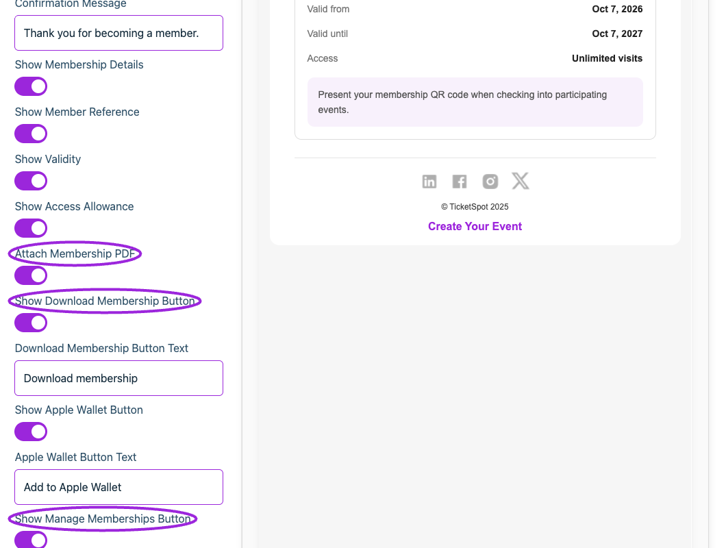 Membership confirmation toggles for the PDF attachment, download button, Apple Wallet, and Manage memberships.