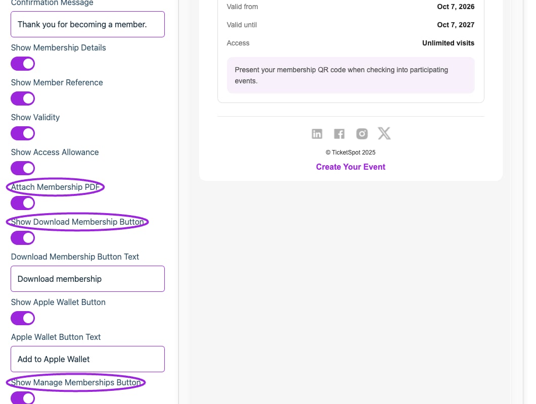Membership confirmation toggles for the PDF attachment, download button, Apple Wallet, and Manage memberships.