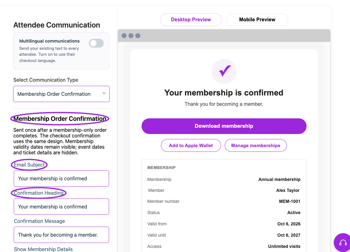 Membership Order Confirmation settings beside the live membership email preview.