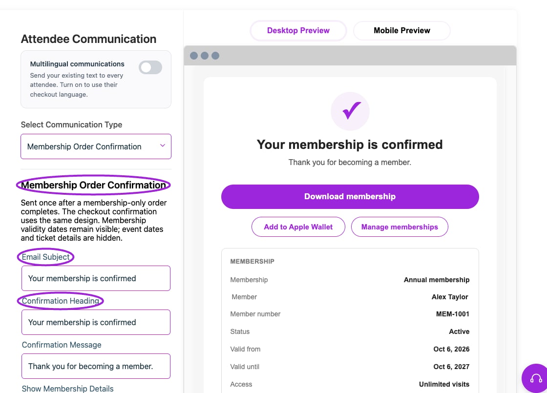 Membership Order Confirmation settings beside the live membership email preview.