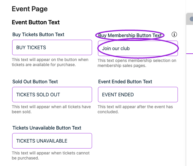 Event Page design with a separate Buy Membership Button Text field.