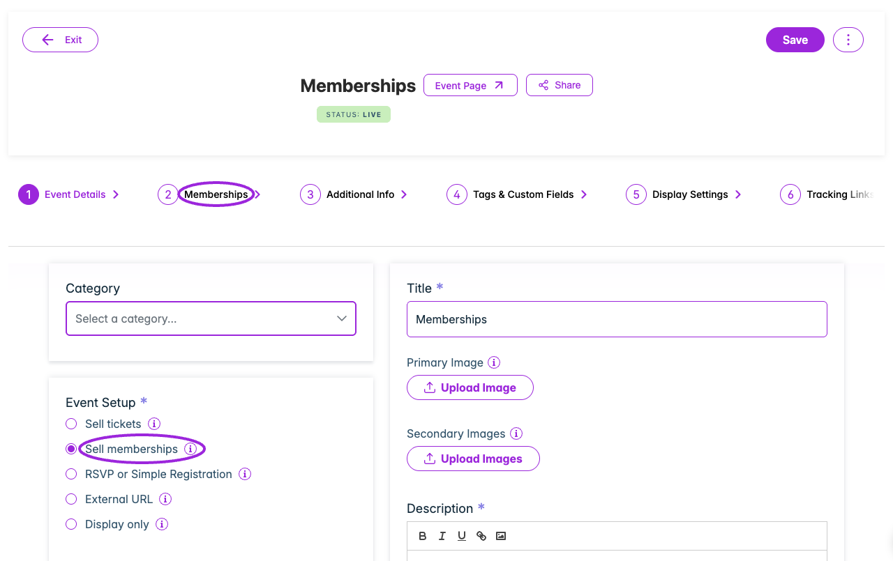 Membership event setup with Sell memberships selected and the reduced editor tabs.