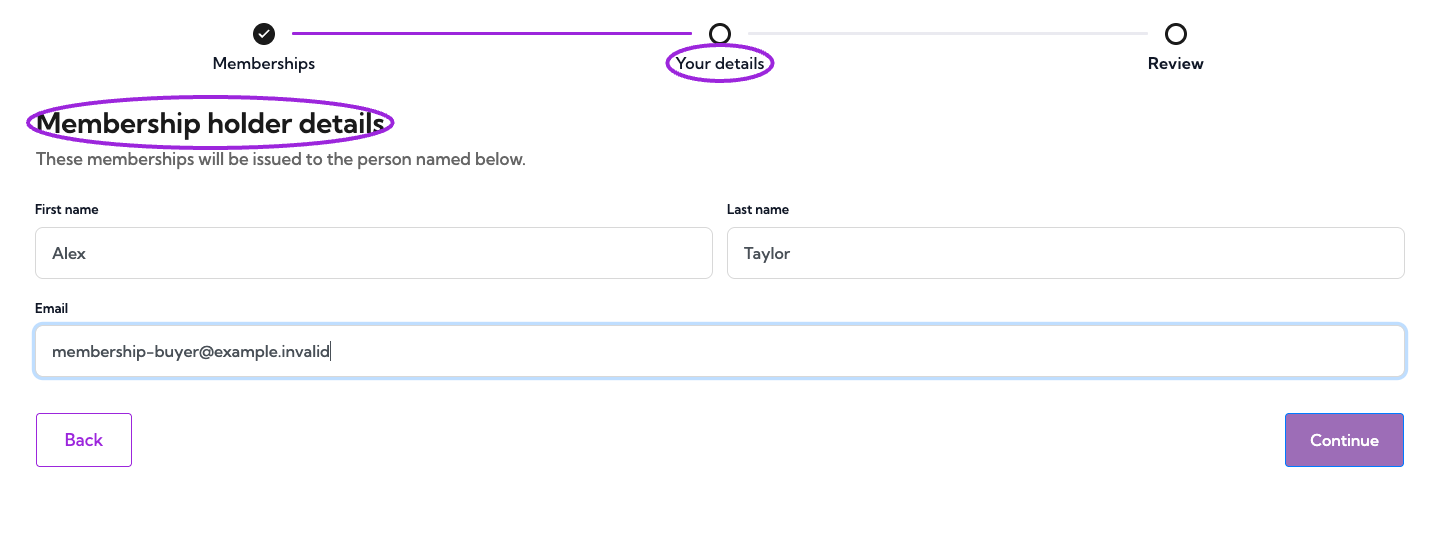 Membership holder details form with first name, last name, and email.