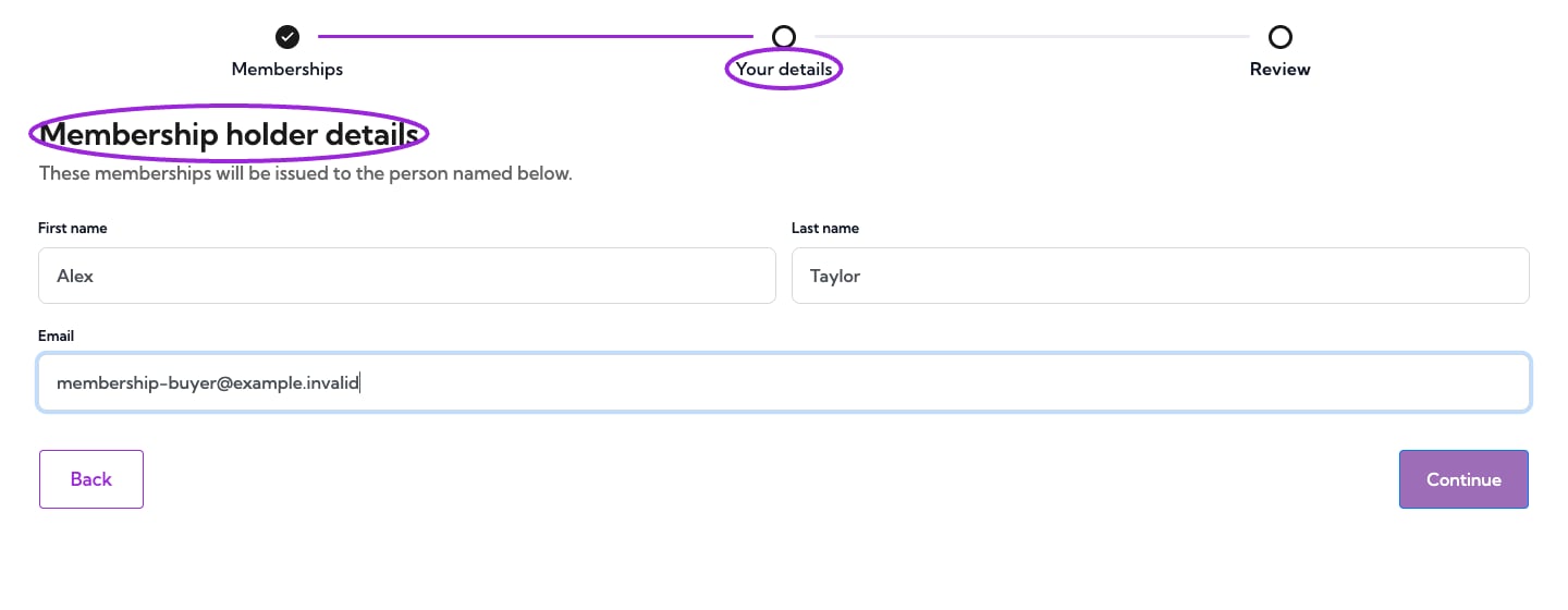 Membership holder details form with first name, last name, and email.