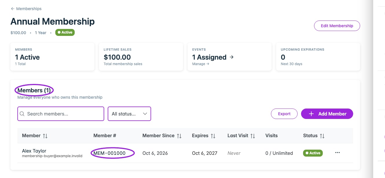 Issued membership listed in member management after a standalone purchase.