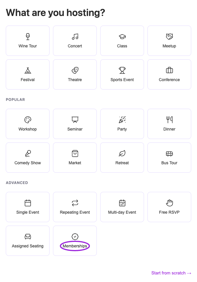 The onboarding template chooser with Memberships available under Advanced.