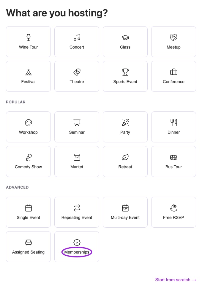 The onboarding template chooser with Memberships available under Advanced.