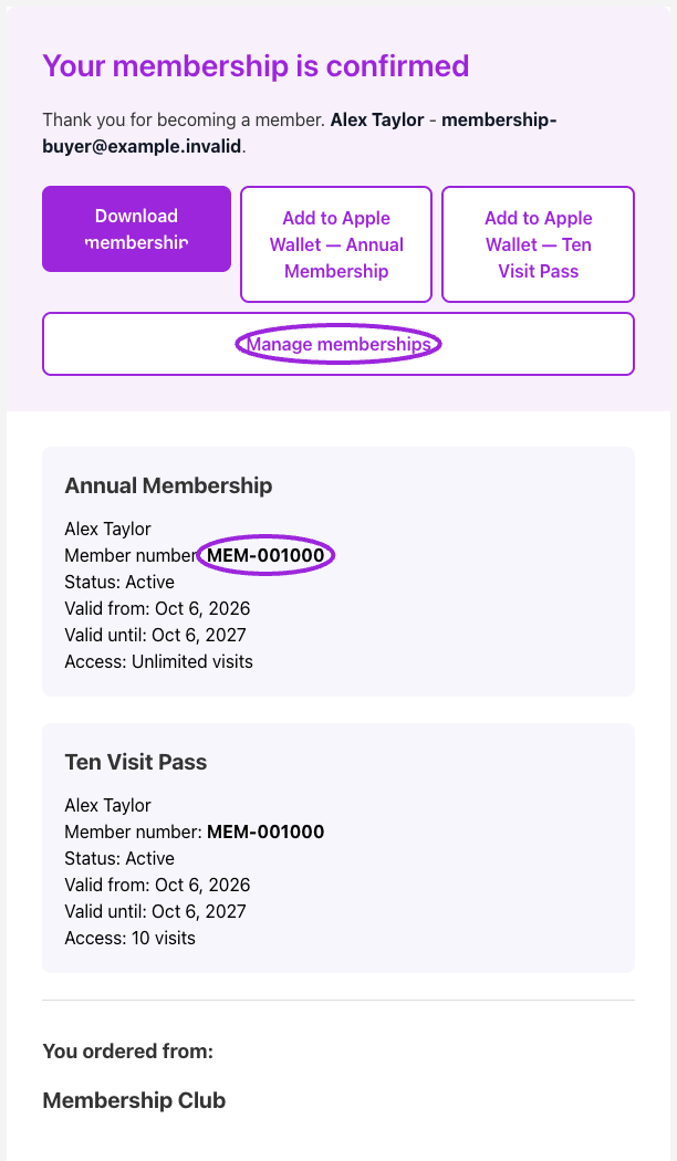 Completed membership order with two member references, validity dates, and membership action buttons.