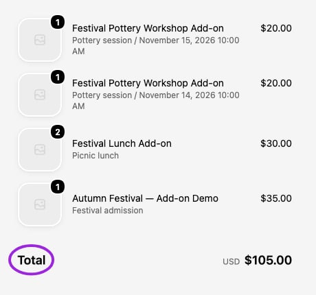 Shopify order summary showing the main admission, two lunches and one workshop place on each of two dates