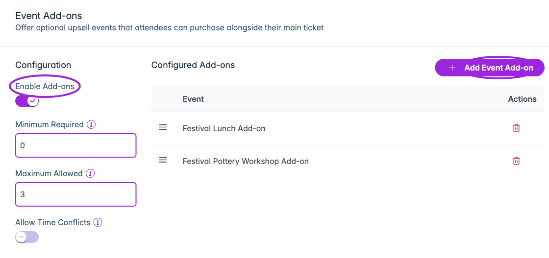 Enabled add-on configuration with optional selections, a maximum of three, and two attached events