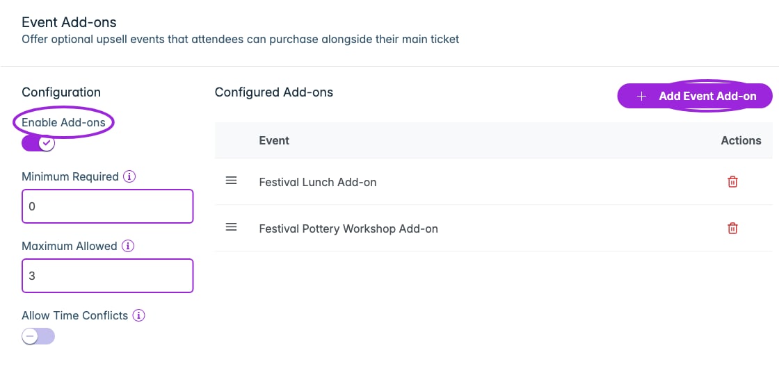 Enabled add-on configuration with optional selections, a maximum of three, and two attached events