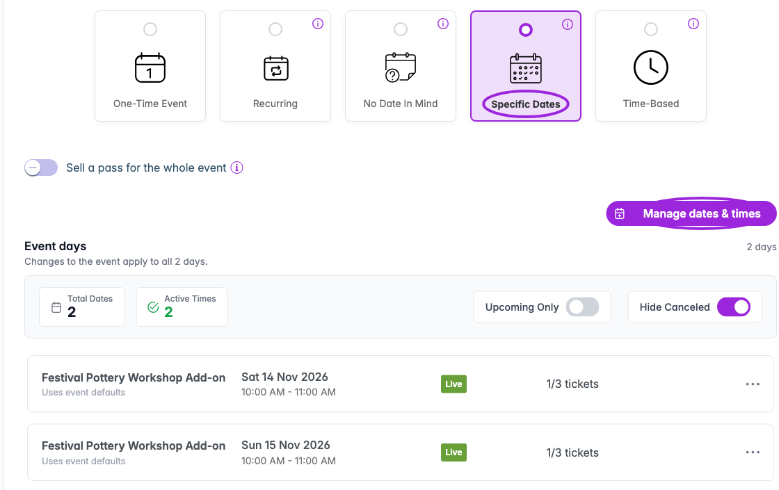 Specific Dates setup for a workshop add-on with two dates and three places on each date