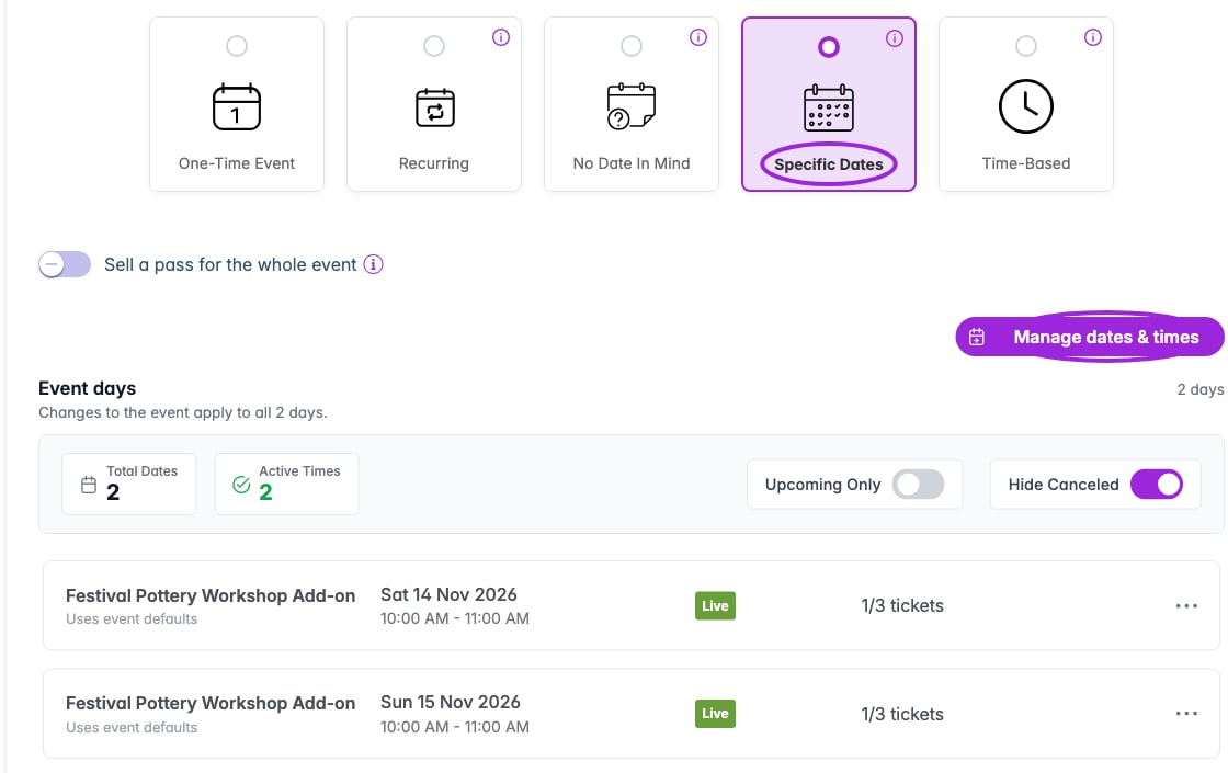 Specific Dates setup for a workshop add-on with two dates and three places on each date