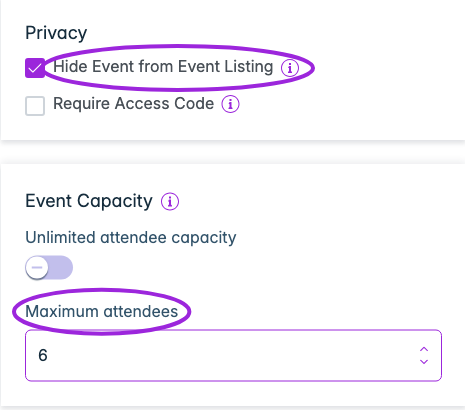 Add-on Event Details with Hide Event from Event Listing enabled and capacity set to six
