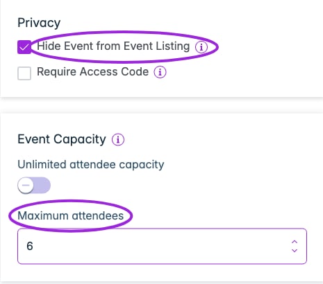 Add-on Event Details with Hide Event from Event Listing enabled and capacity set to six