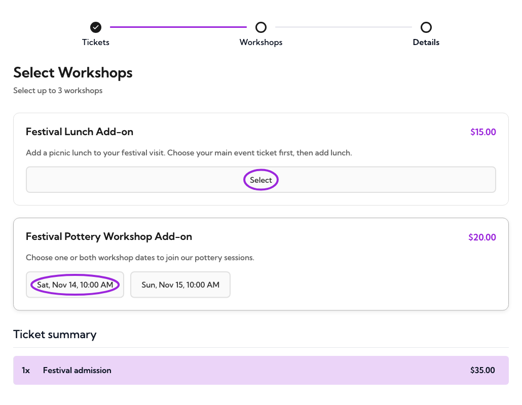 Ticket Selector add-on step with a lunch extra and workshop date choices