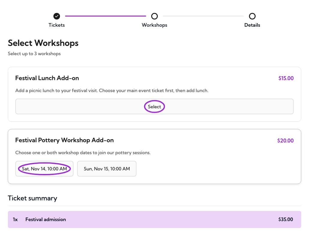 Ticket Selector add-on step with a lunch extra and workshop date choices