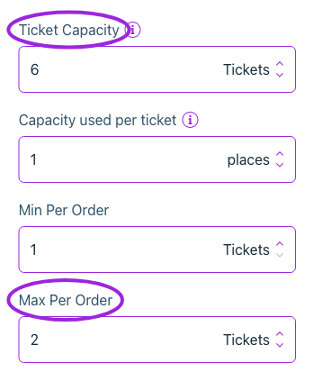 Add-on ticket capacity six, minimum one and maximum two tickets per order