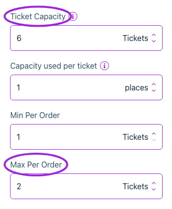 Add-on ticket capacity six, minimum one and maximum two tickets per order