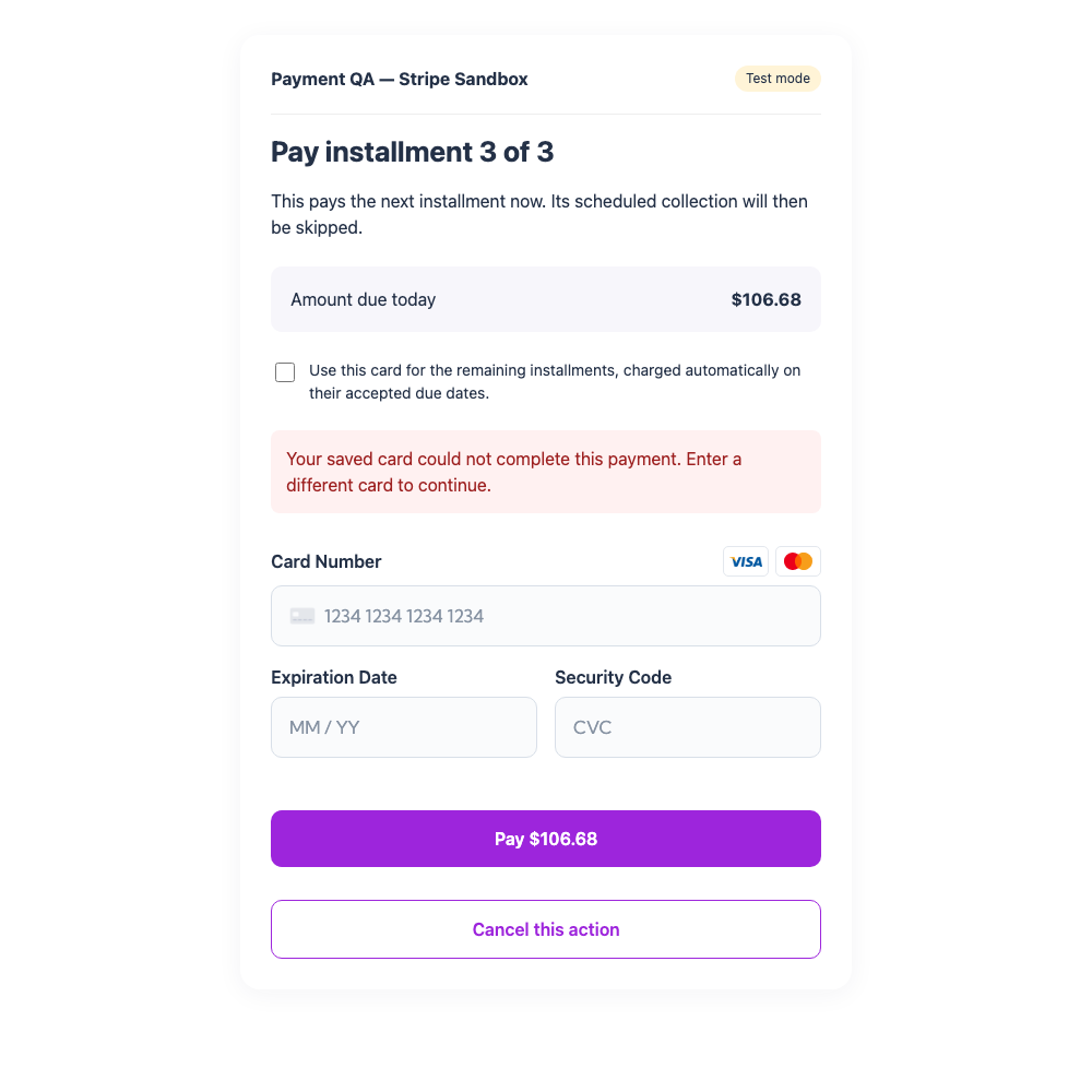Replacement Stripe card form after a saved-card decline, with an optional future-installment checkbox