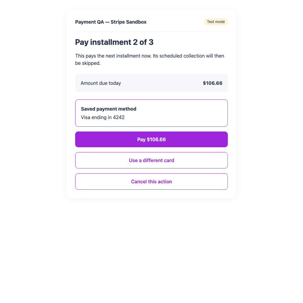 Attendee installment checkout showing the saved Visa card ending in 4242 and the Pay button