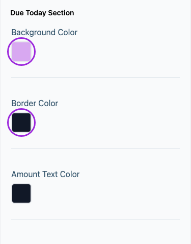 All Settings → Installment plan — Due Today Section. The circles identify Background Color and Border Color.