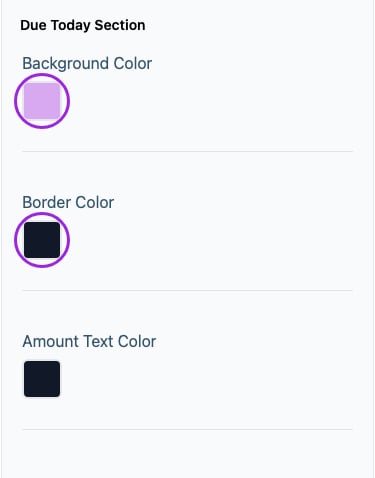 All Settings → Installment plan — Due Today Section. The circles identify Background Color and Border Color.