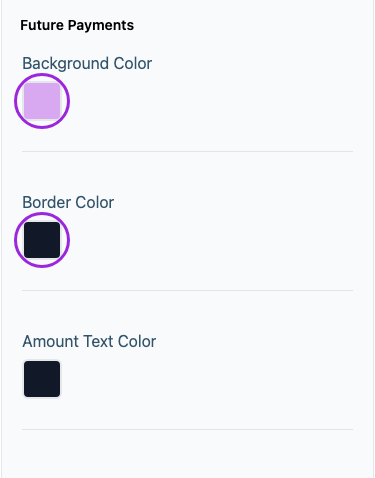 All Settings → Installment plan — Future Payments. The circles identify Background Color and Border Color.