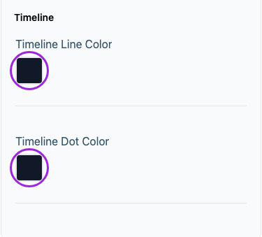 All Settings → Installment plan — Timeline. The circles identify Timeline Line Color and Timeline Dot Color.