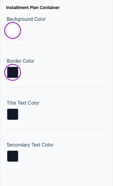 All Settings → Installment plan — Installment Plan Container. The circles identify Background Color and Border Color.