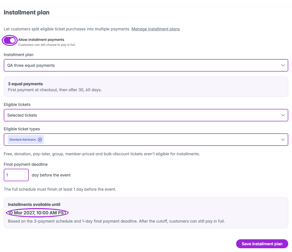 Event installment plan with Allow installment payments and the calculated availability cutoff circled