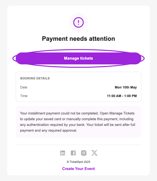 Failed installment email with its Manage tickets button circled