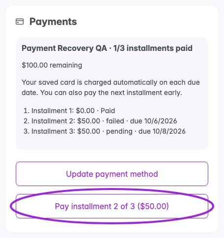 Attendee order payment section showing one of three steps complete and the Pay installment two of three button circled